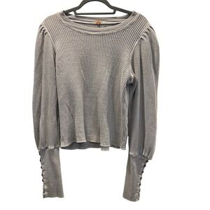 Free People Light Gray Waffle Knit Long Sleeve Top